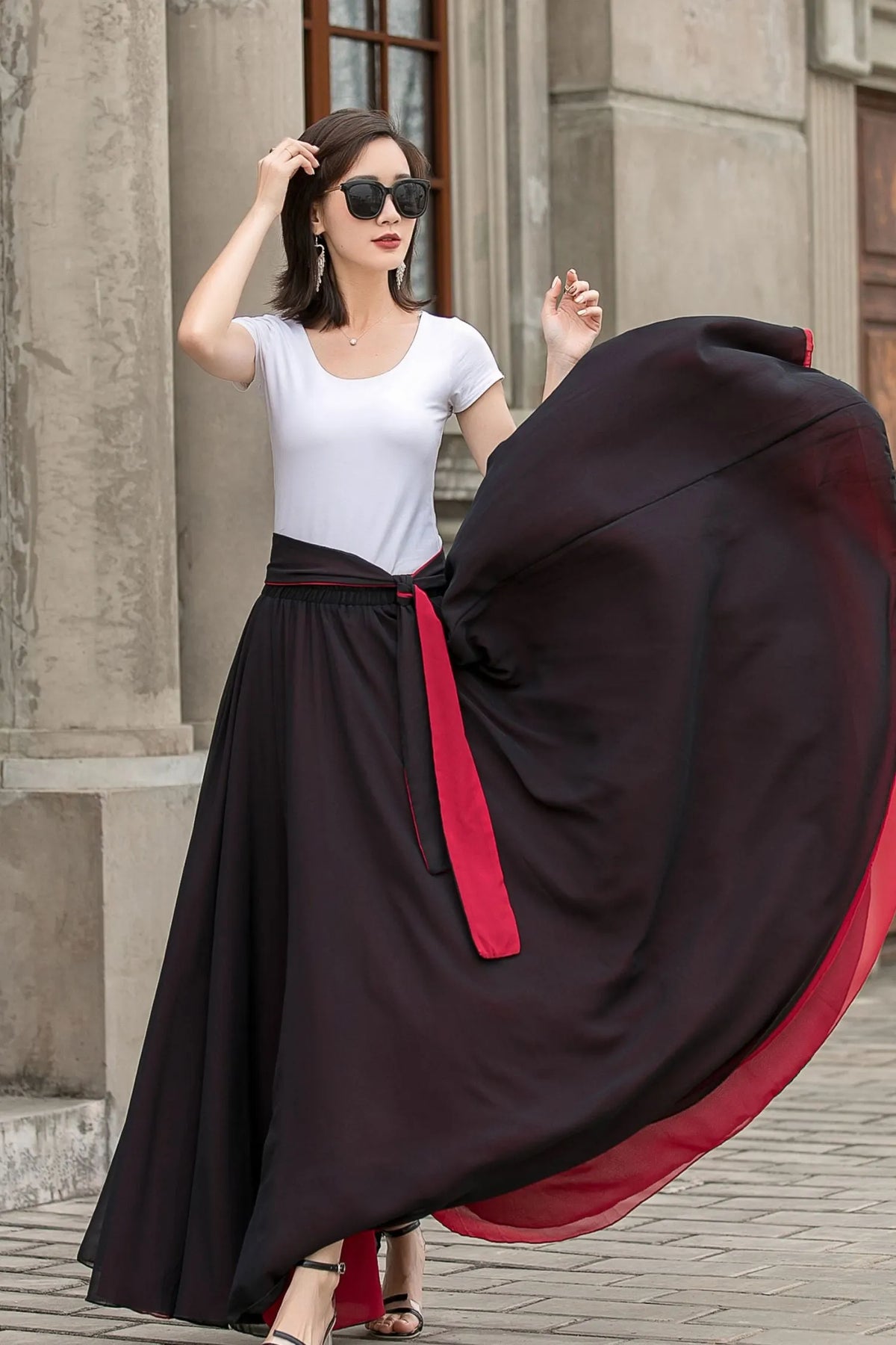 Reversible Maxi Skirt – Elegant Black/Red Chiffon Swing Circle Skirt 2714