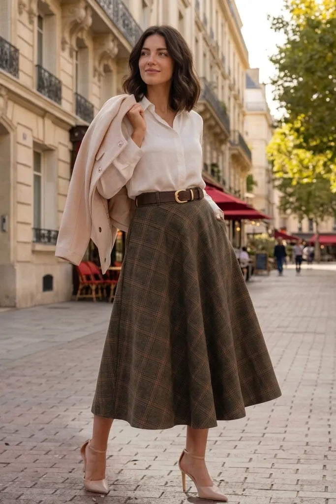 Brown Plaid Wool Maxi Skirt – Vintage High Waist Winter Long Skirt with Pockets 3102
