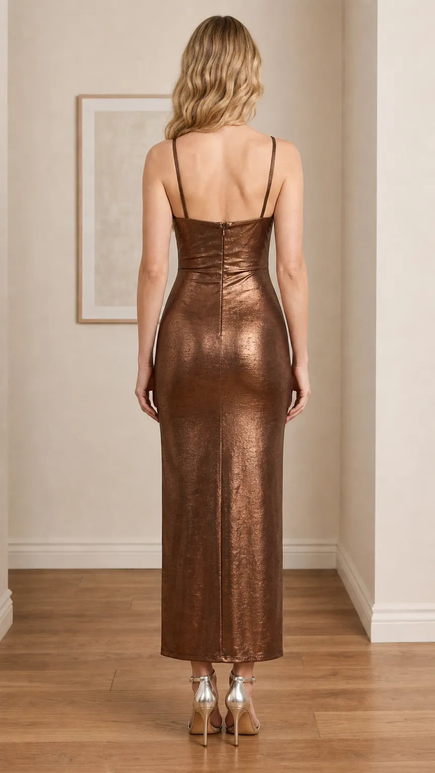 Metallic Ruched Crossover Maxi Slip Dress