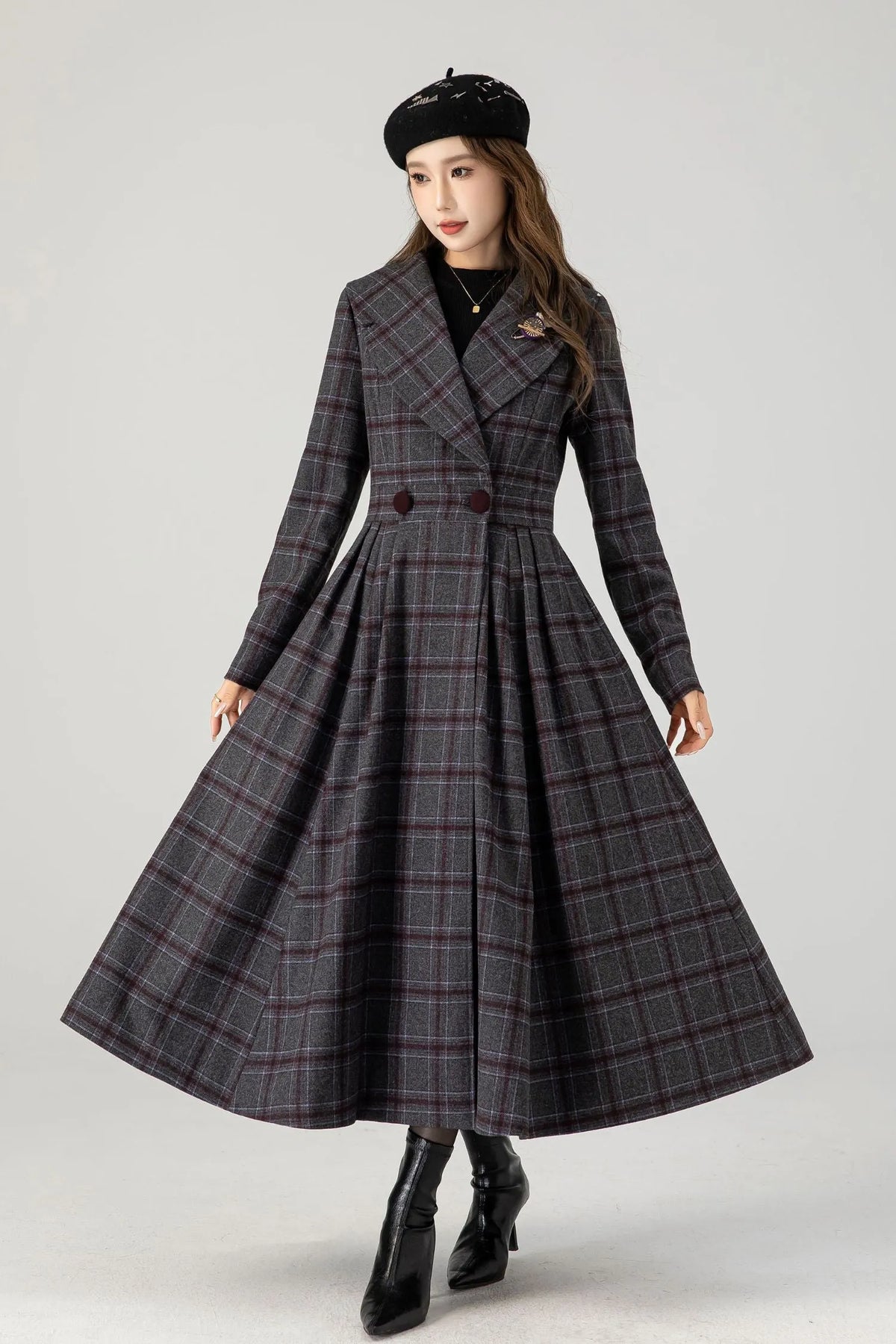 Handmade Plaid Wool Coat – Vintage Fit & Flare Double-Breasted Winter Overcoat 