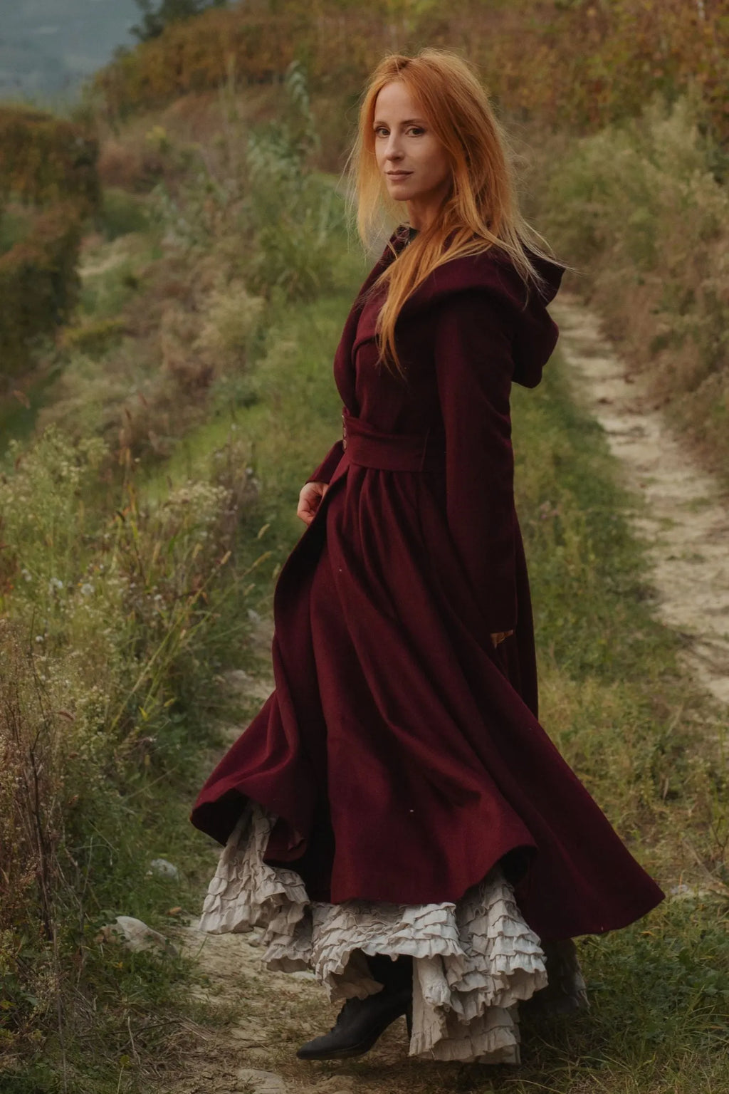 Burgundy Hooded Wool Coat – Handmade Long Belted Wool Winter Overcoat for Women 6546