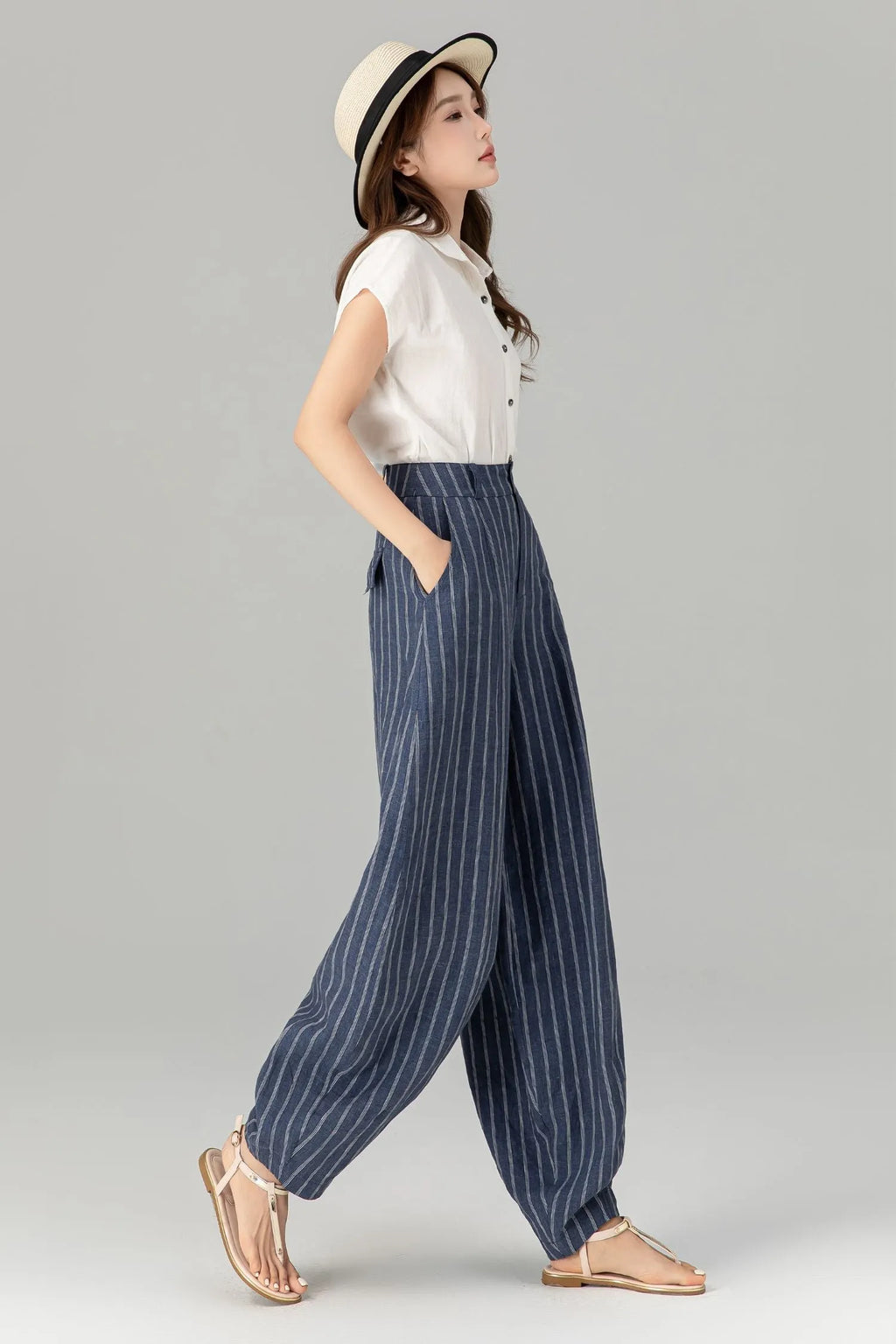Blue Linen Pants - Plus Size Striped Ankle-Length Relaxed Fit 4939