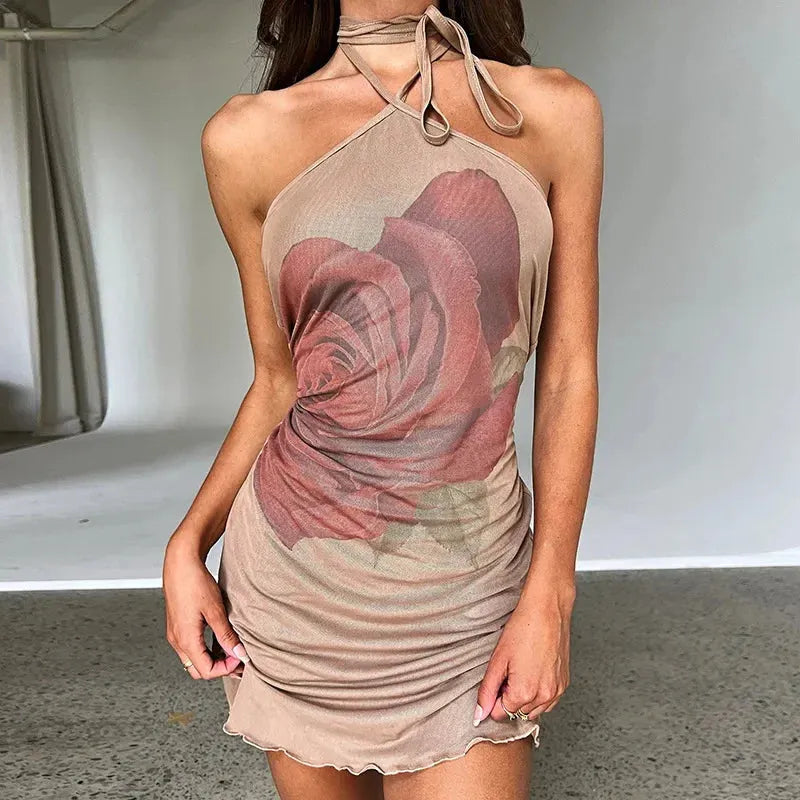 Rose Print Halter Neck Shoulder Short Clubwear Mini Dress