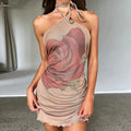 Rose Print Halter Neck Shoulder Short Clubwear Mini Dress