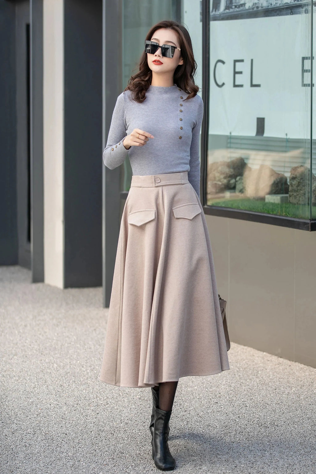 Beige Wool Midi Skirt - High Waisted A-Line with Decorative Pockets 4134