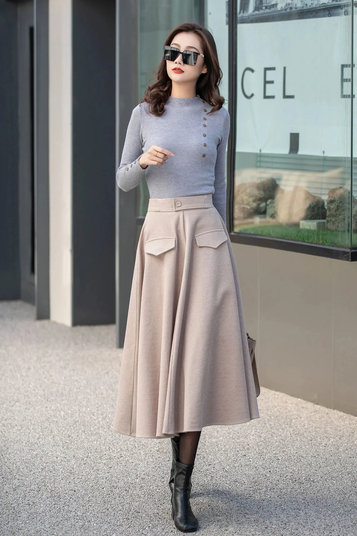 Beige Wool Midi Skirt - High Waisted A-Line with Decorative Pockets 4134