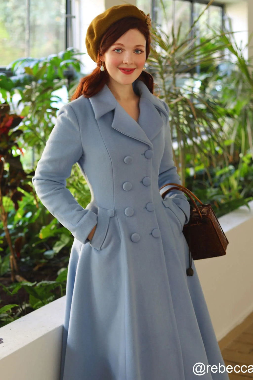 Light Blue Wool Maxi Coat – Vintage Double Breasted Long Overcoat for Weddings & Winter Elegance  2412