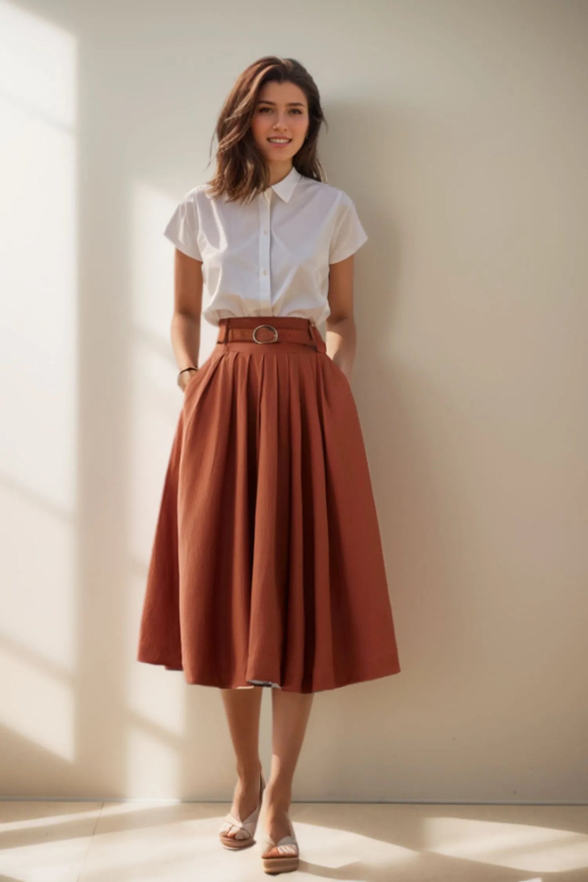 Brown Linen Midi Skirt - Pleated Full Circle Silhouette with Pockets 4976