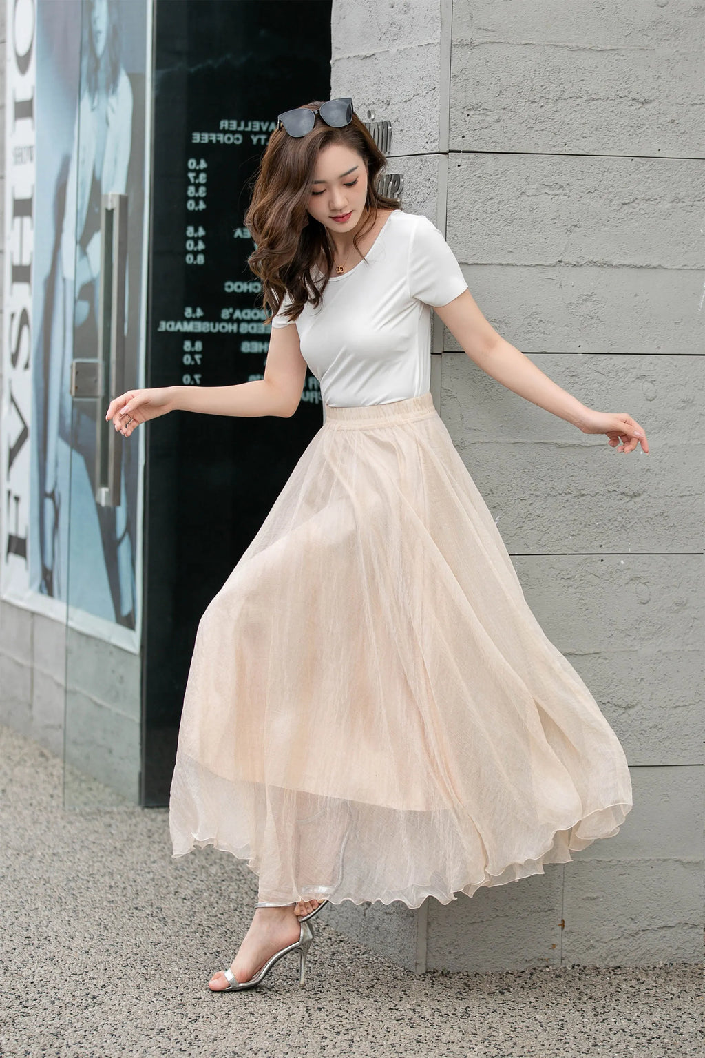 Handmade Beige Chiffon Swing Skirt – Flowing Maxi Circle Skirt 