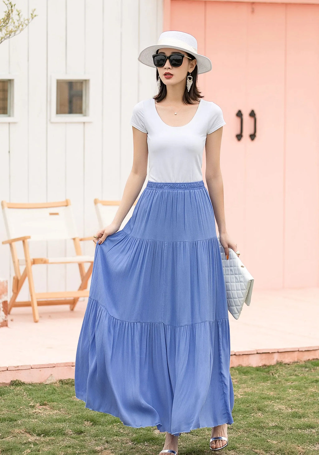 Blue Linen Cotton Maxi Skirt - Tiered, Elastic Waist 2717