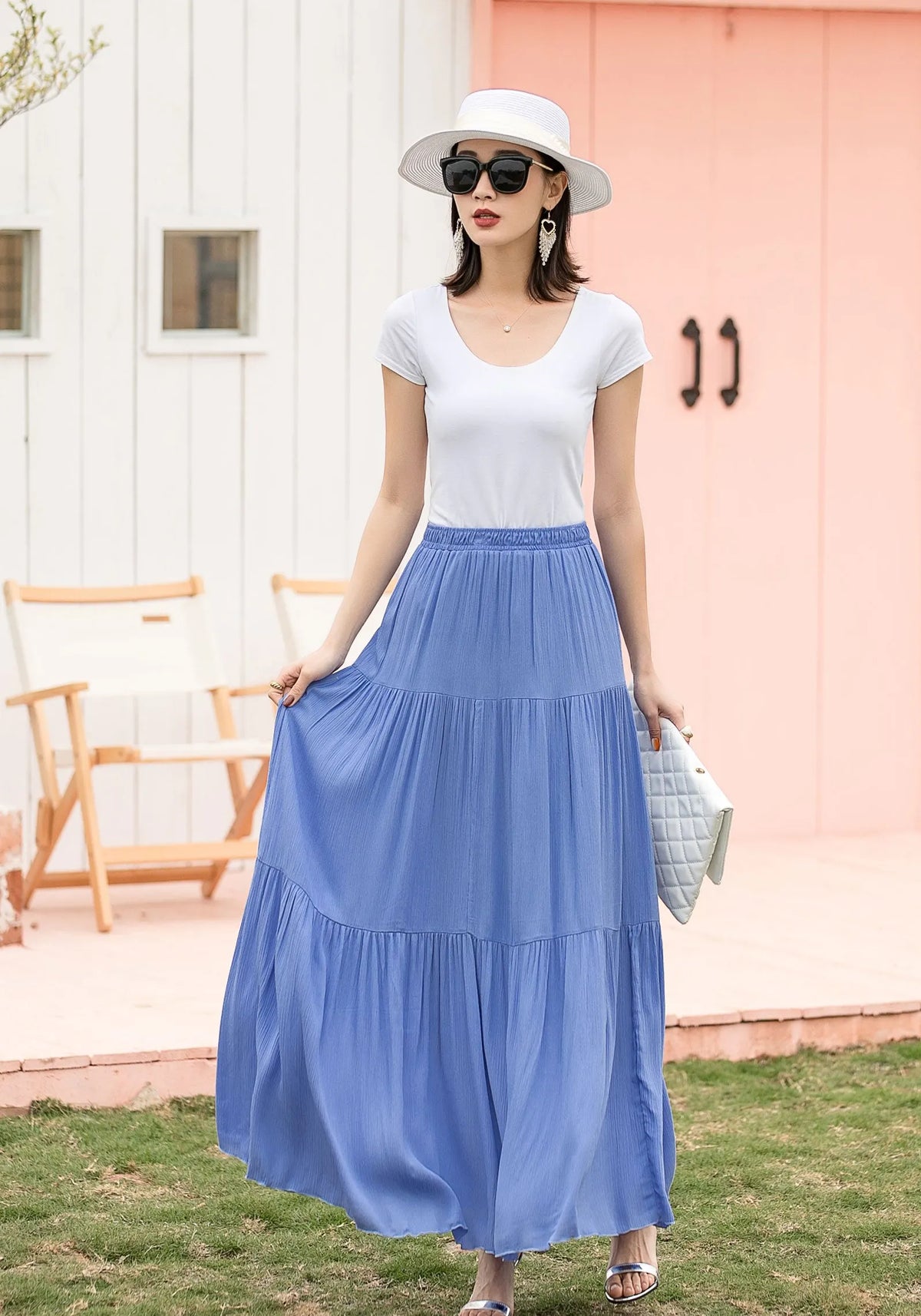 Blue Linen Cotton Maxi Skirt - Tiered, Elastic Waist 2717