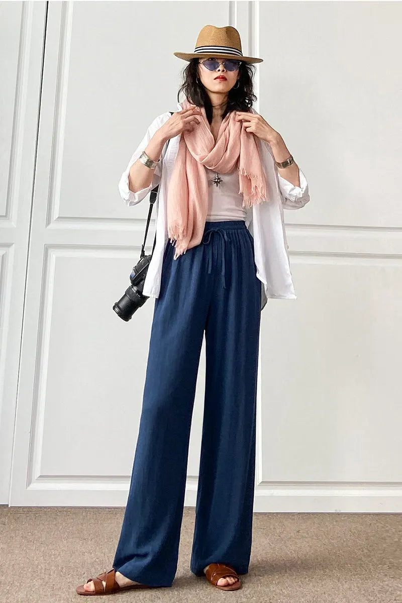 Navy Cotton Linen Wide Leg Pants - Elastic Waist Casual Comfort 3497