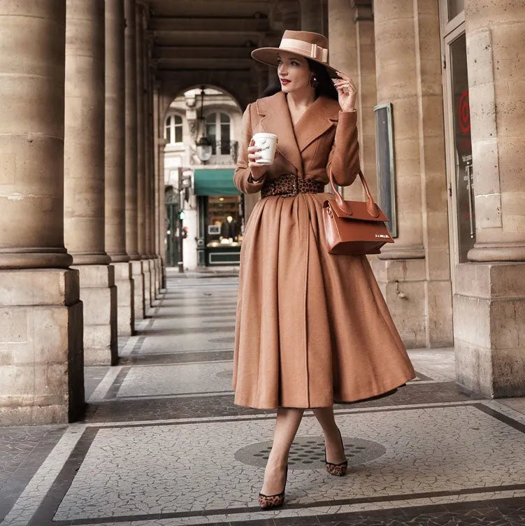 Elegant Camel Wool Blend Coat – Handmade Fit & Flare Midi Winter Coat 