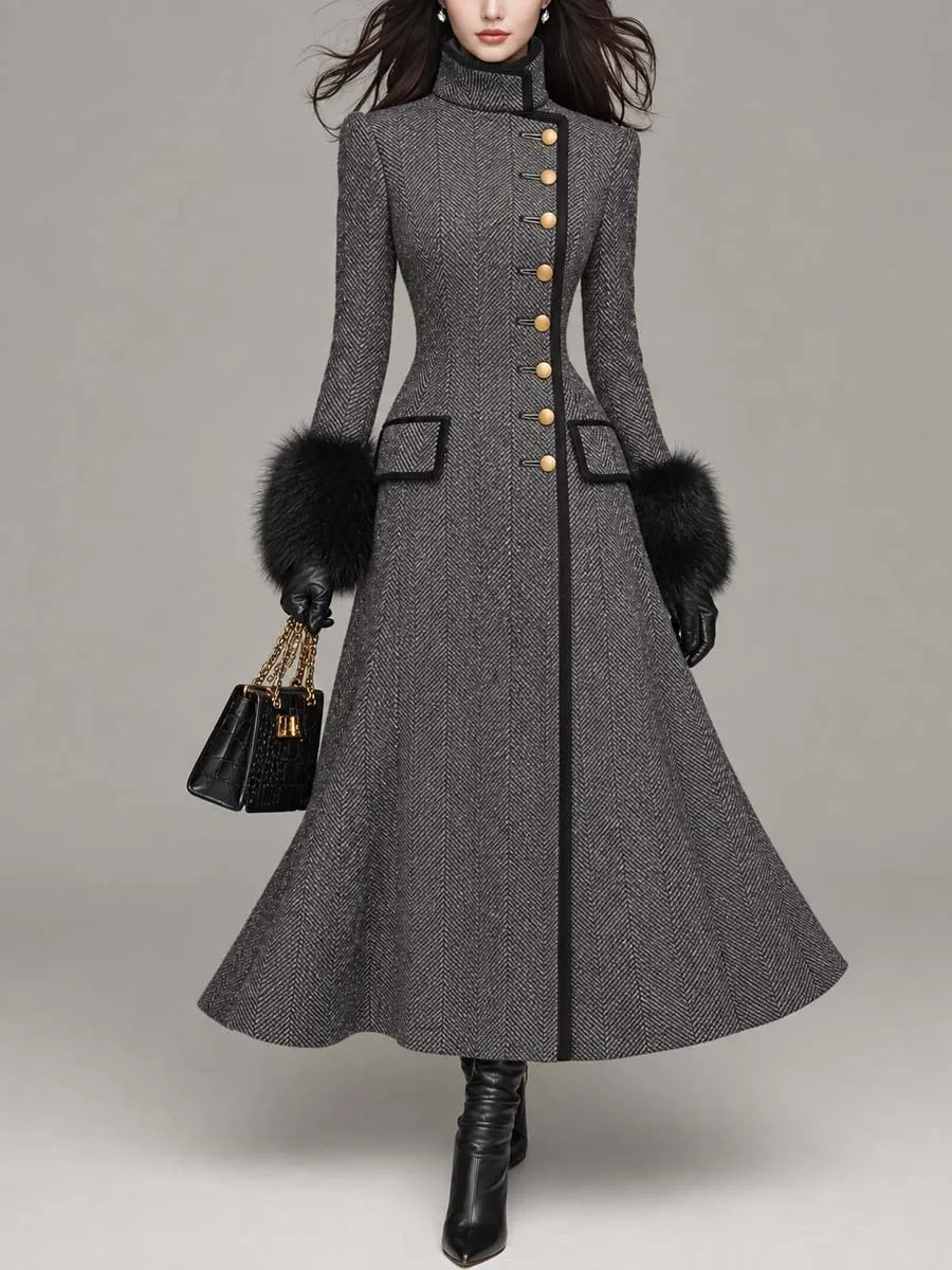 Vintage-style Herringbone Wool-blend Long Coat