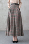 Plaid Wool Long Skirt - Retro Full Silhouette with Side Pockets 3837