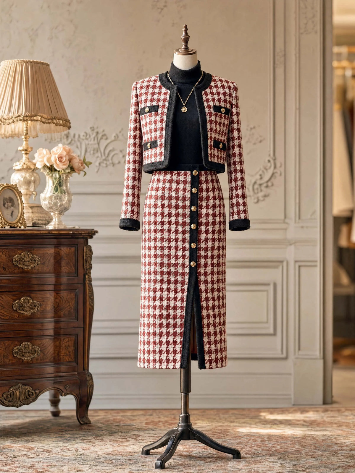 Vintage Houndstooth Midi Skirt