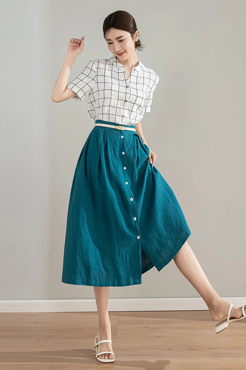 Xiaolizi Vintage-Inspired Linen Cotton Button-Front Midi Skirt - Spring to Autumn 4214