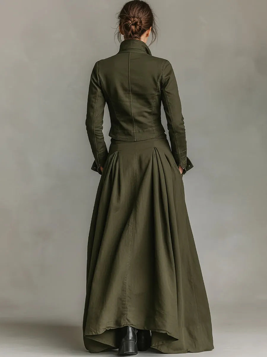 Women's Green Edgy 100% Cotton Zip - Front Cropped Jacket And Maxi Skirt Set 