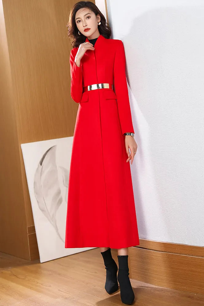 Red Wool Coat – Handmade Long Button Front Fit & Flare Winter Overcoat for Women 3972