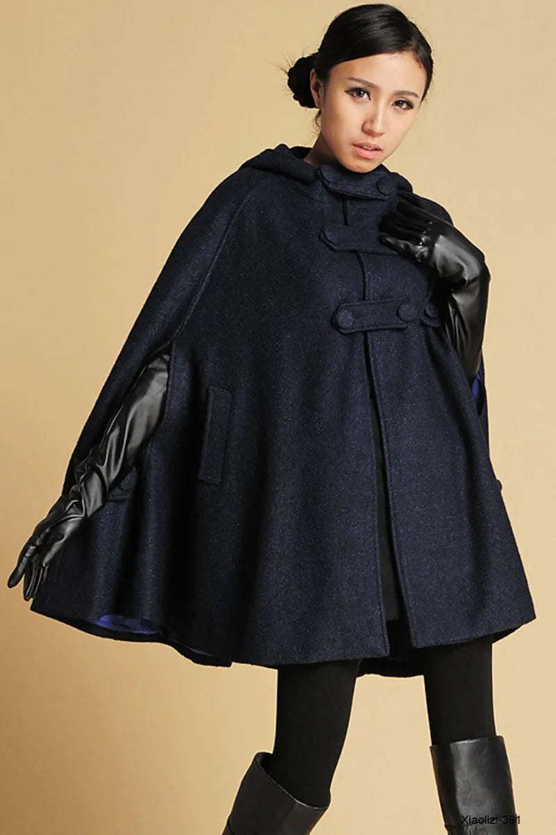 Handmade Wool Cape in Navy – Women’s Oversized Hooded Coat 0391