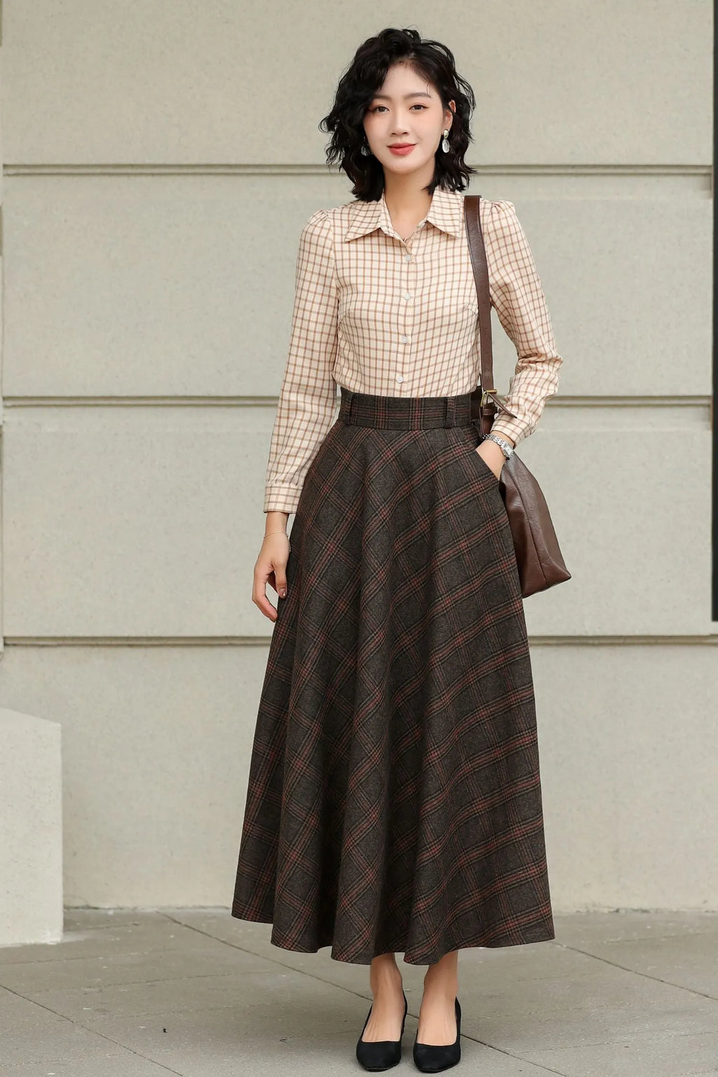 Handmade Dark Brown Plaid Wool Maxi Skirt – High Waist A-line Winter Elegance 6424