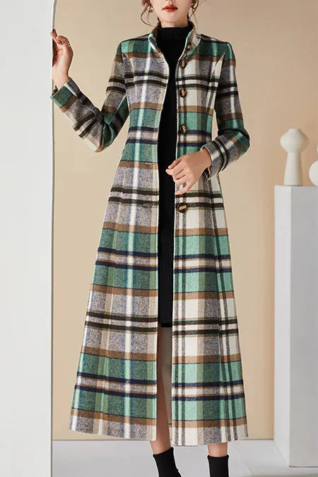 Handmade Green Plaid Wool Coat – Elegant Belted High Neck Long Overcoat 