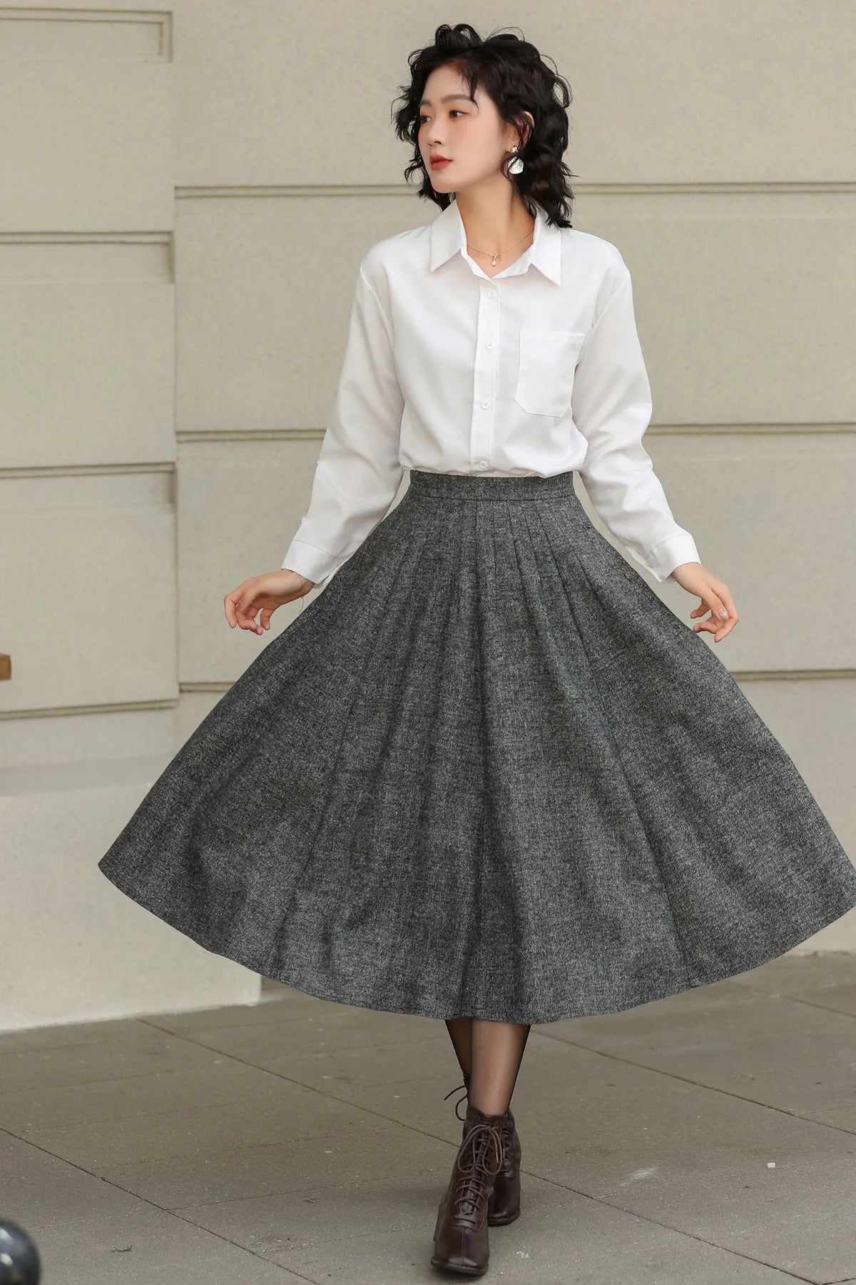 Grey Wool Pleated Midi Skirt - A-Line Silhouette with Pockets 6416