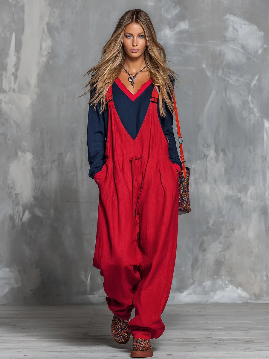 Retro Bohemian Style Color-blocked Cotton And Linen Top And Overalls Set