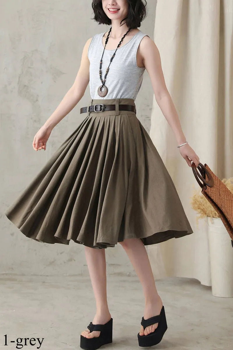 Army Green Linen Skirt - Pleated Full Circle with Pockets 281711