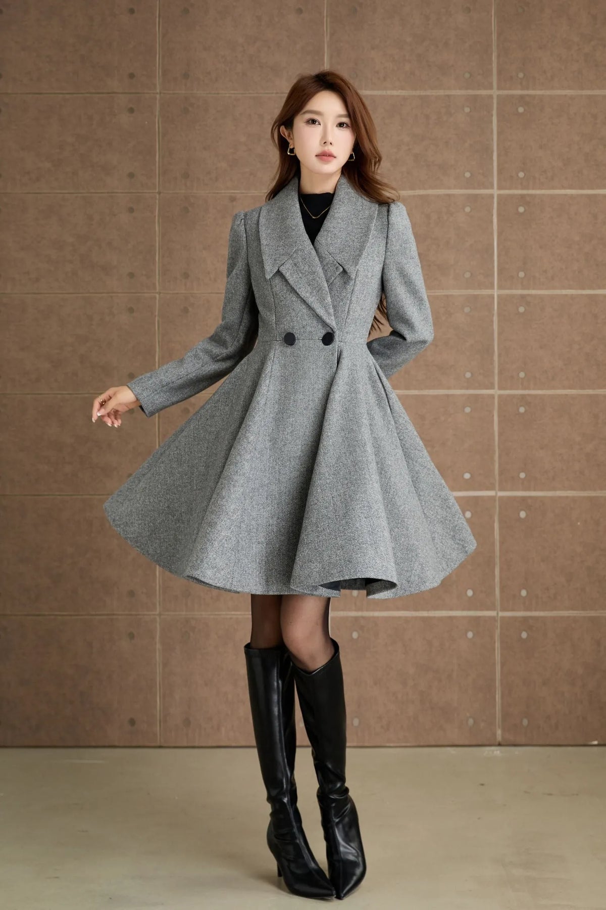Wool Blend Fit and Flare Coat – Gray Double Breasted Coat with Pockets 5365