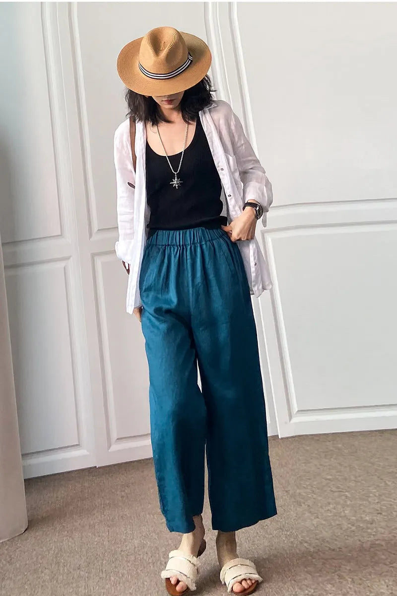 Beige Cotton Linen Wide Leg Pants - Loose Fit with Elastic Waist 3496
