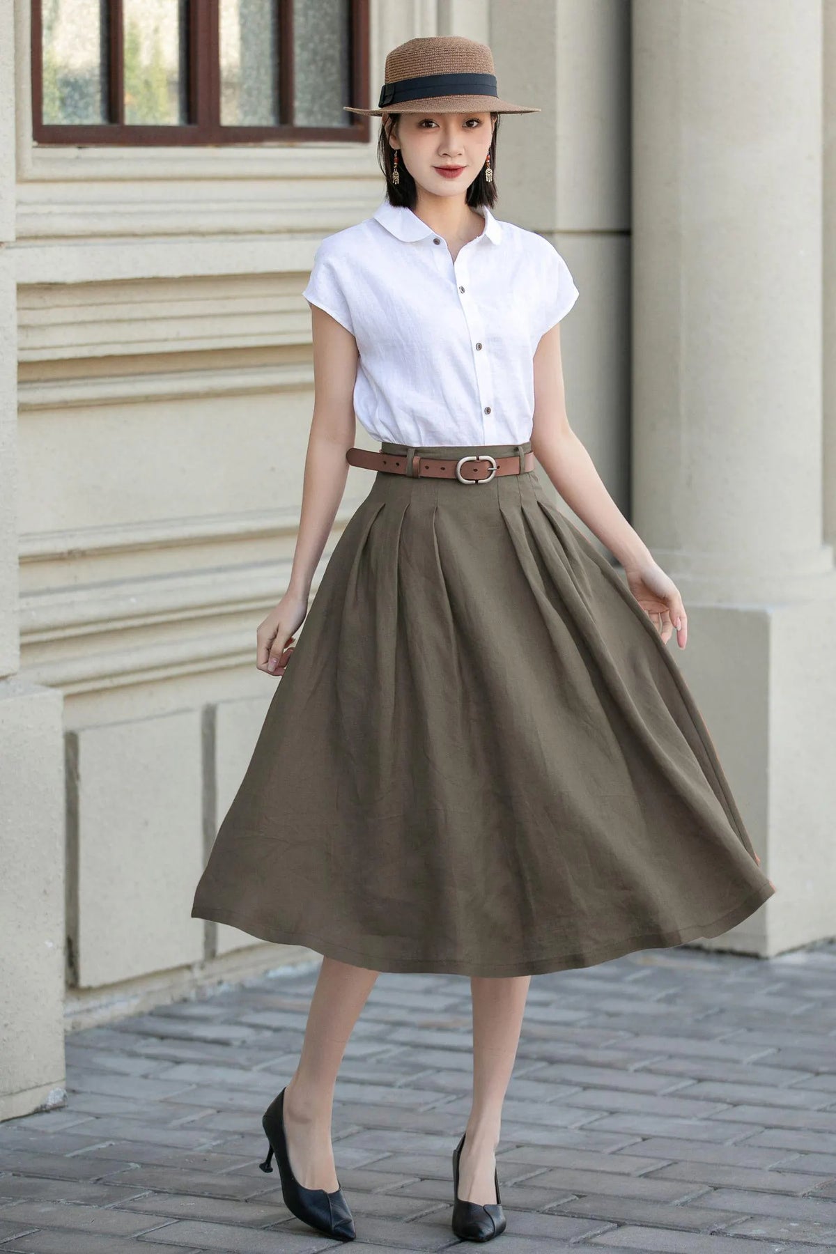 Olive Green Linen Blend Pleated Midi Skirt - A-Line with Pockets 5556