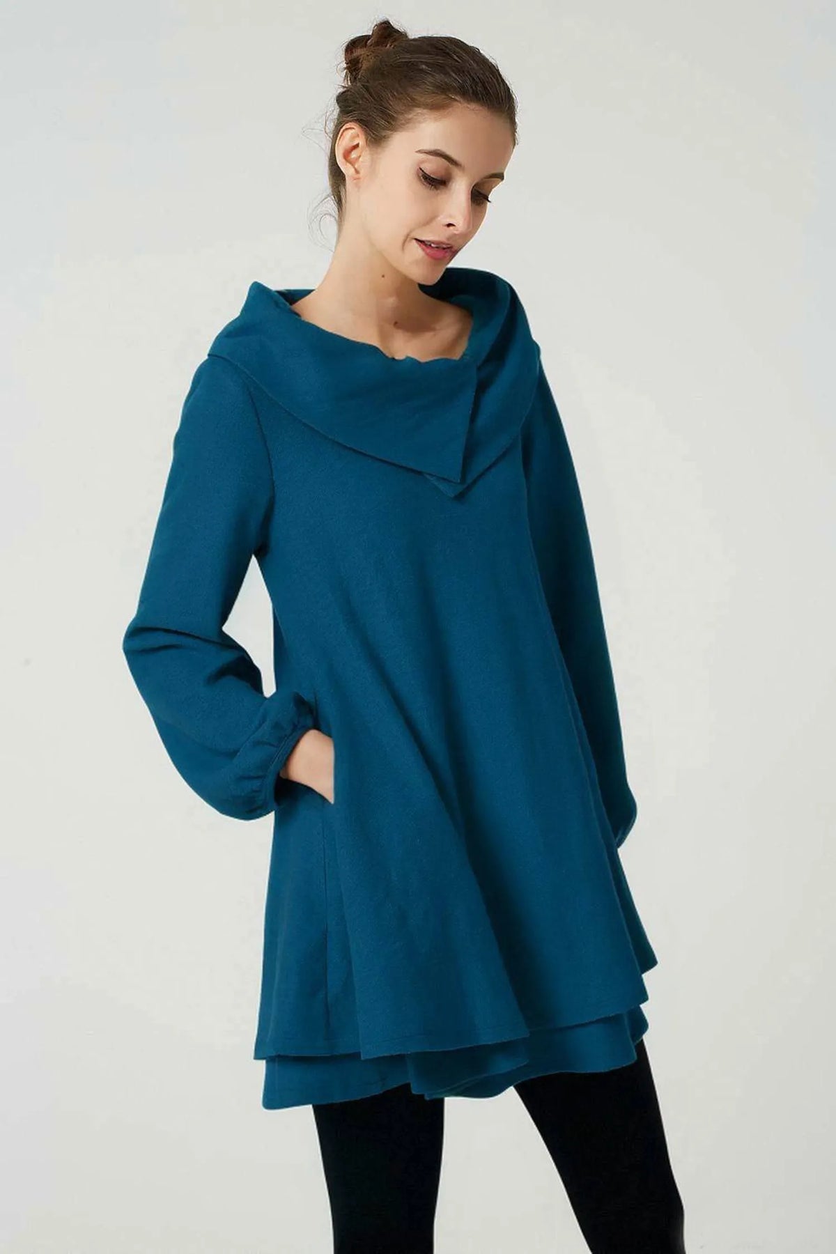 Teal Wool Tunic Dress - Oversized Fit with Asymmetrical Collar 5208