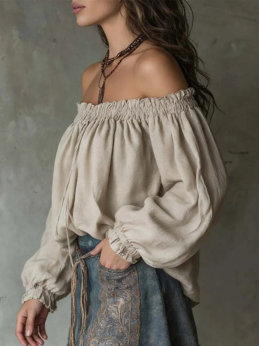 Natural Texture Off-Shoulder Drawstring Blouse