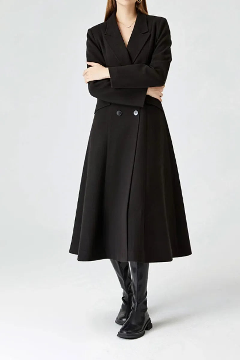 Black Wool Blend Long Coat - Double Breasted Belted 