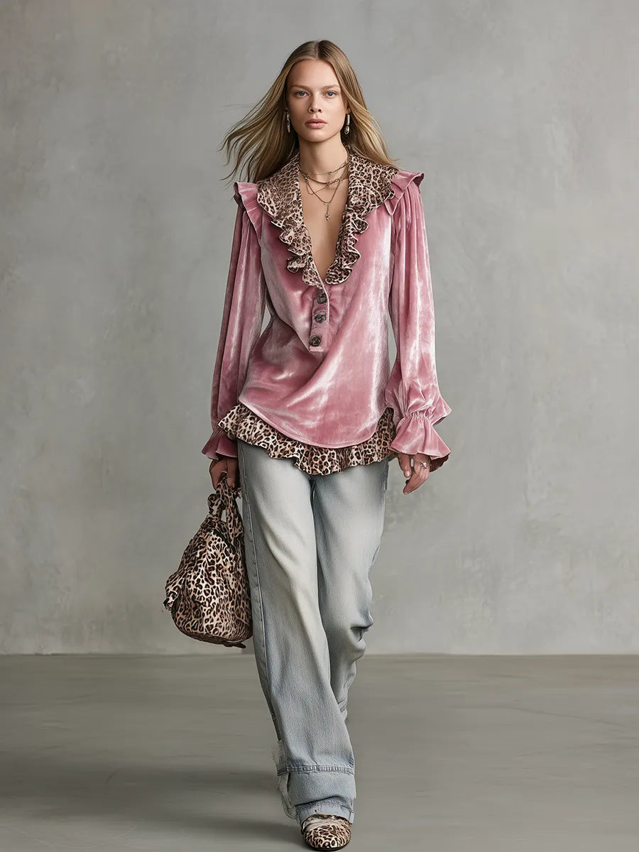 Retro V-neck Leopard Print Ruffled Hem Velvet Shirt