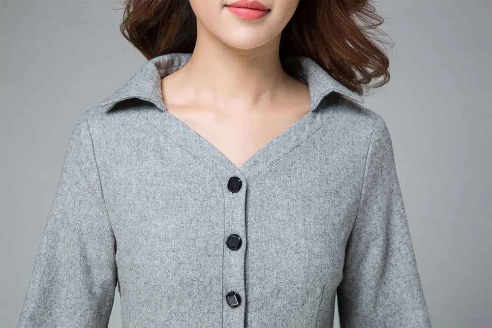 Handmade Light Gray Wool Dress Coat – Elegant Belted V-Neck Winter Midi Dress 