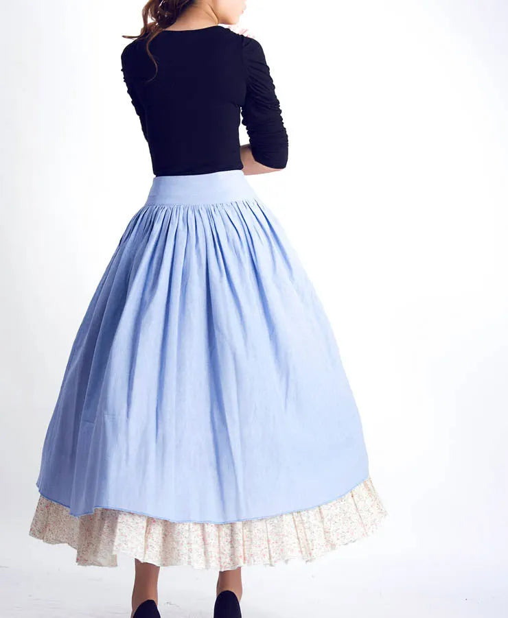 Handmade Blue Linen Cotton Skirt – Vintage Layered A-Line Maxi Skirt with Pockets 