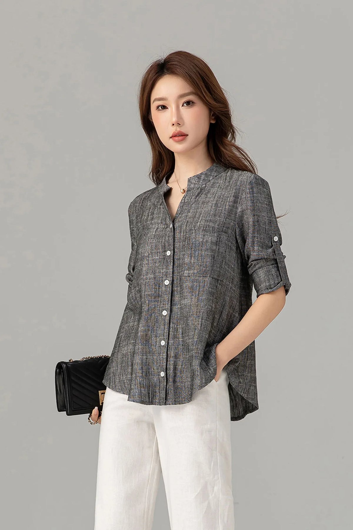 Charcoal Linen Blouse - Button-Down, Long Sleeve, Loose Fit 4915