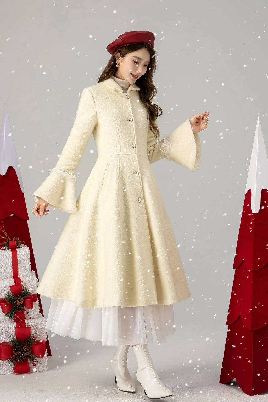 Beige Wool Swing Coat - Flared Sleeves, Knee-Length 4617