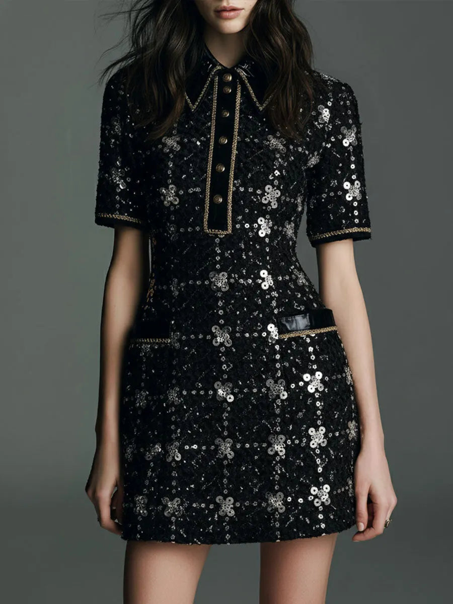 Retro Glamour Luxe Black Sequin Tweed Mini Dress