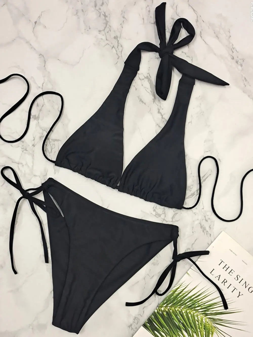 Halter Neck Strappy Backless Beach Solid Color Bikini