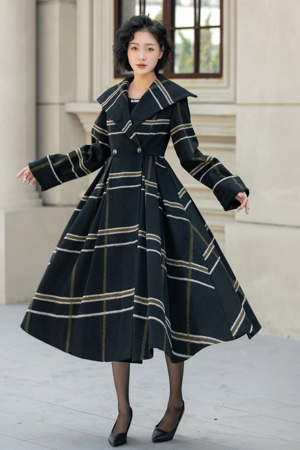Black Wool Fit and Flare Coat - Double Breasted Stripe Design 5454