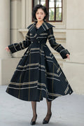 Black Wool Fit and Flare Coat - Double Breasted Stripe Design 5454