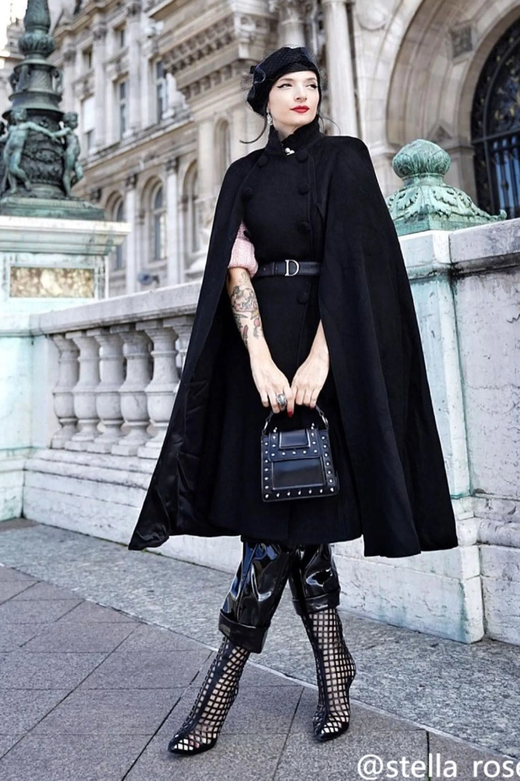 Black Wool Cape Coat - Double Breasted Knee-Length Stand Collar 3373