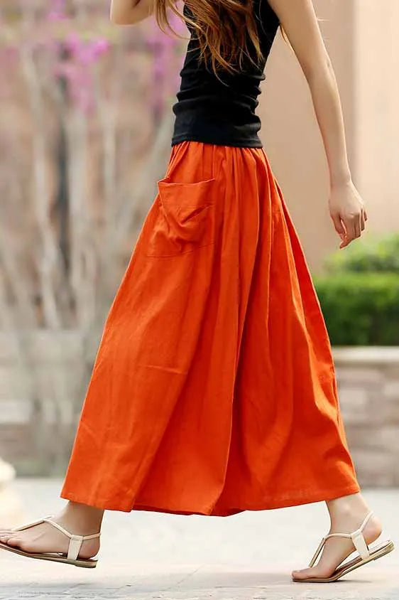 Orange Linen Maxi Skirt - Oversized Pocket and Elastic Waist 958