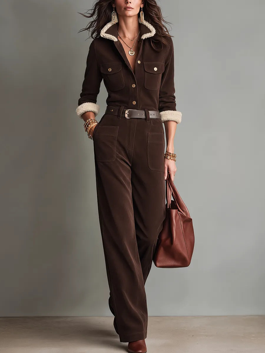 Vintage Chocolate Brown Sherpa Trim Utility Jumpsuit