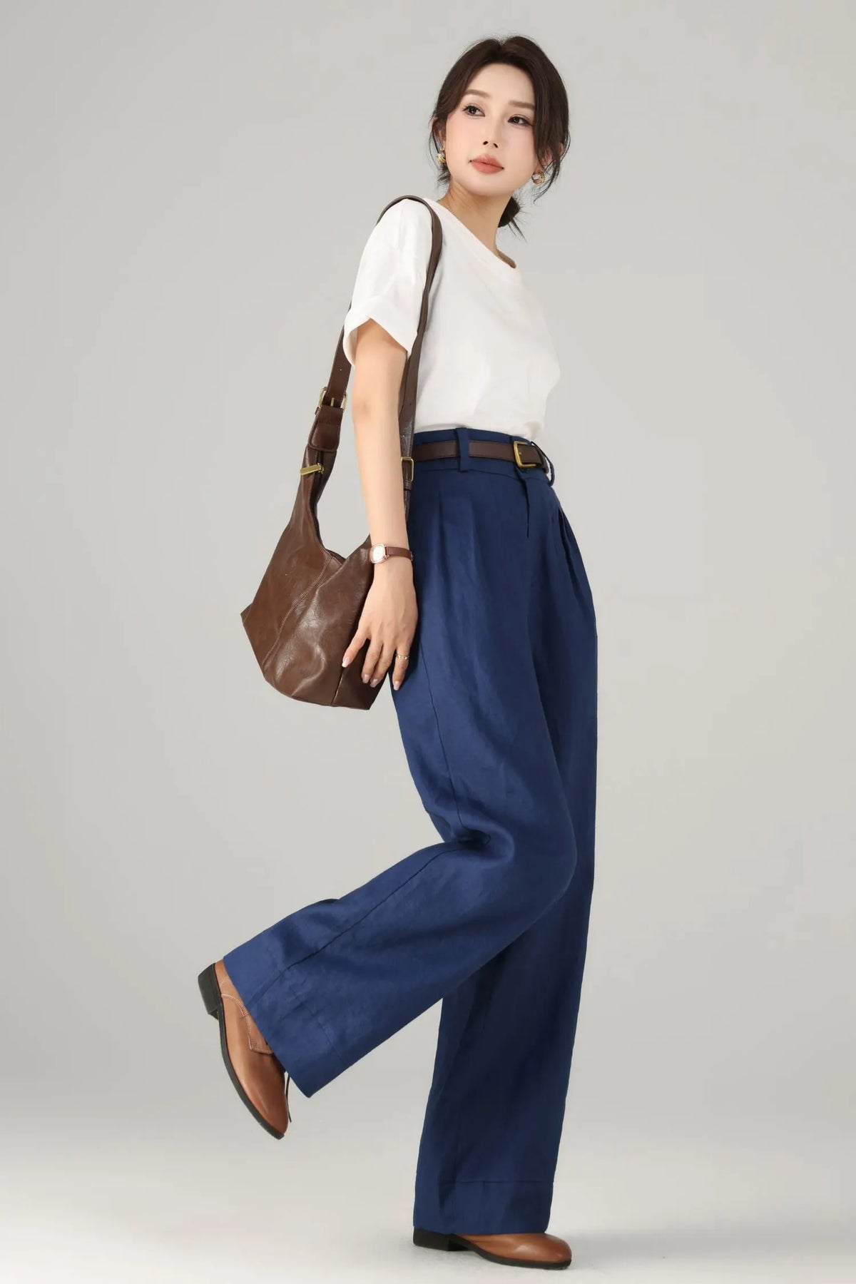 Blue Linen Cotton Wide Leg Pants - Palazzo High Rise 