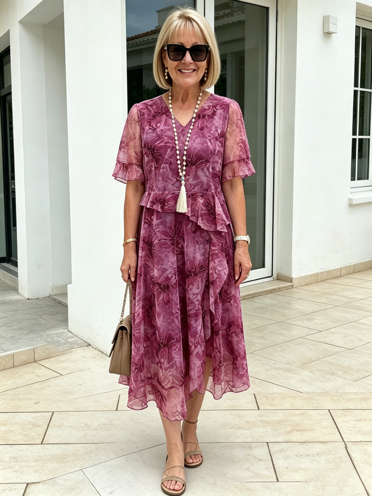 Purple Floral Mesh Chiffon Midi Dress, V-Neck Ruffle 3/4 Sleeve Waist Ruffle Loose Slimming Mom Dress