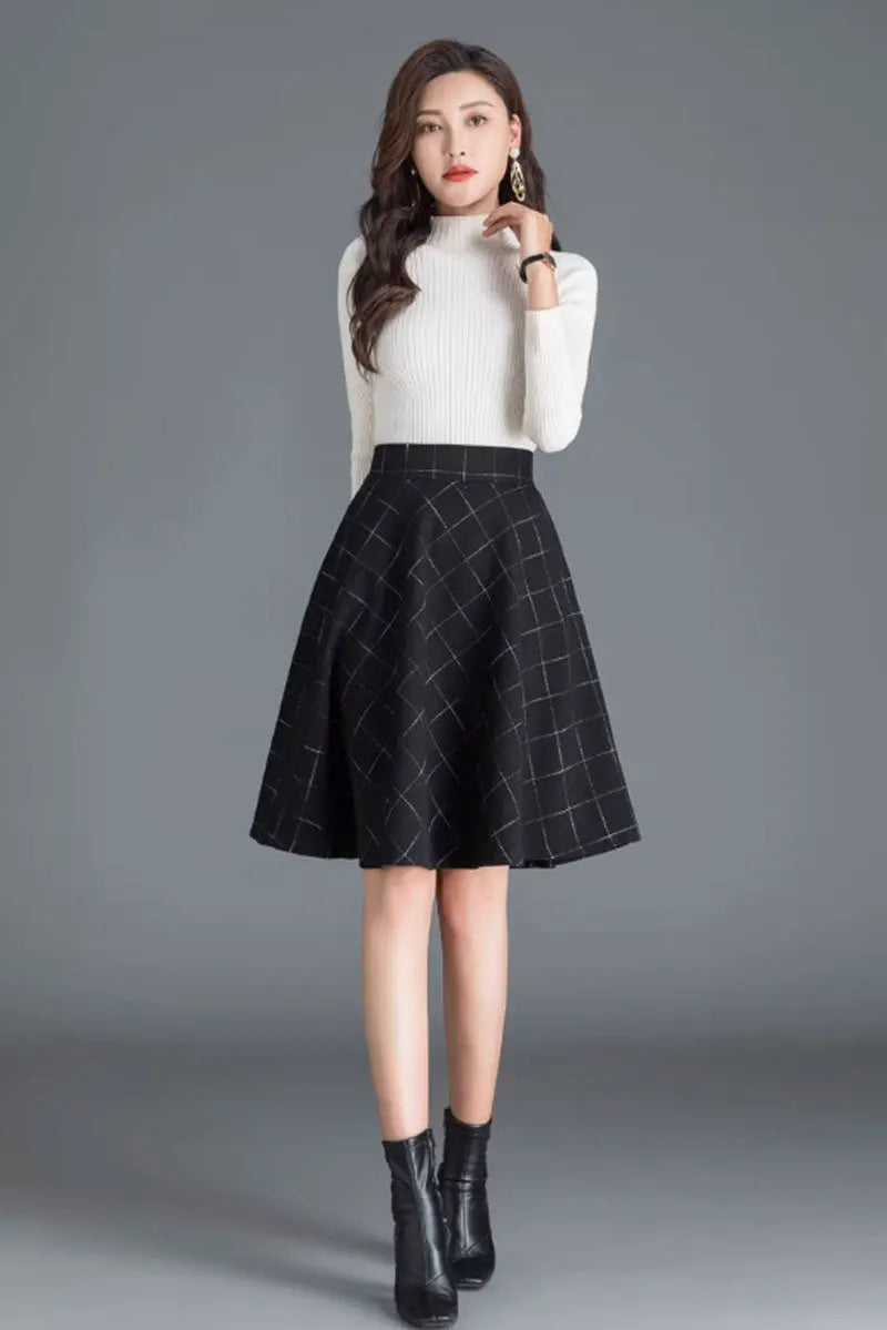 Black Wool Skater Skirt - Elegant A-Line Winter Essential 4655-4